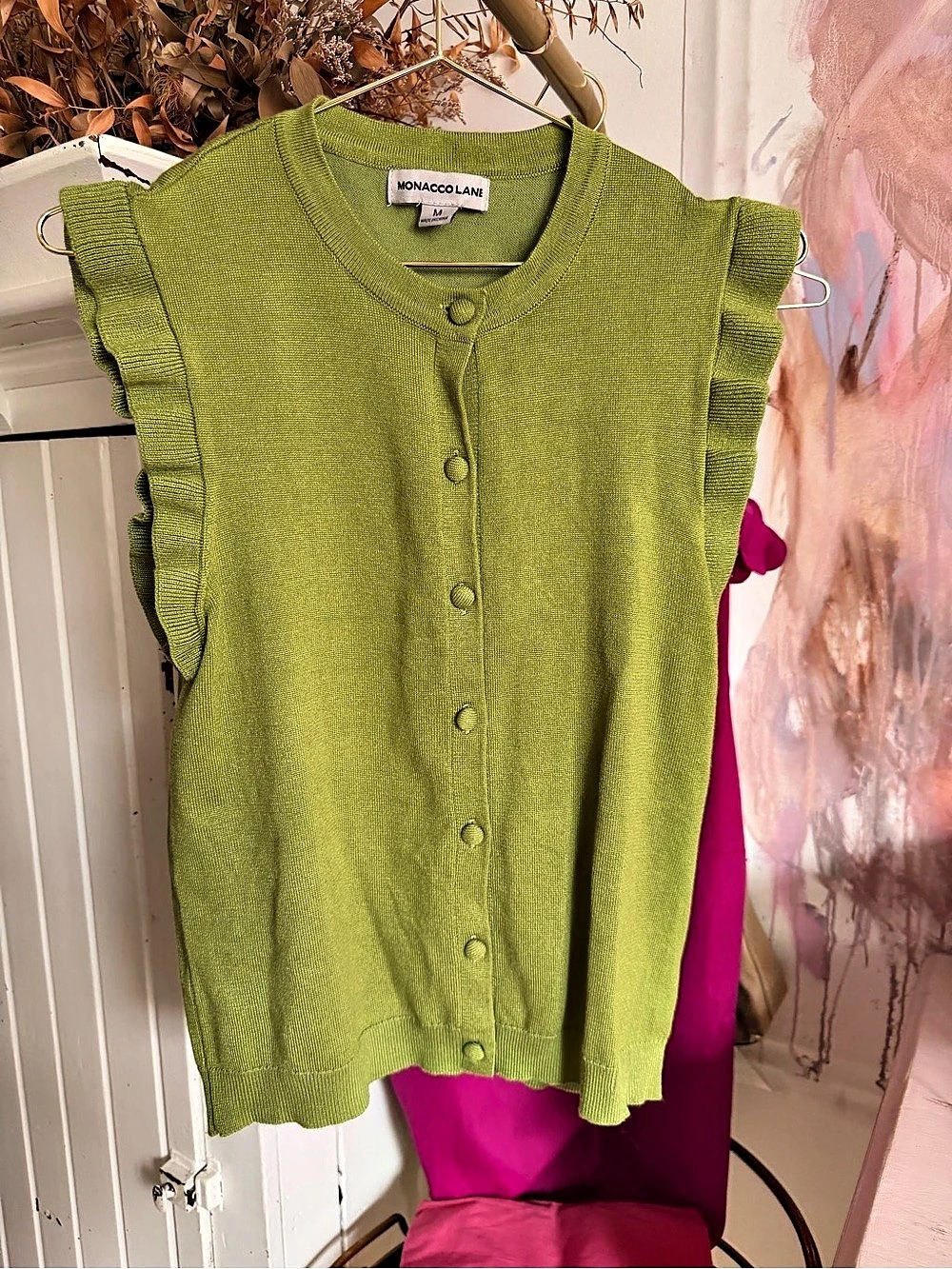 Monaco Lane Green Ruffle Sleeve Cardigan Size Medium